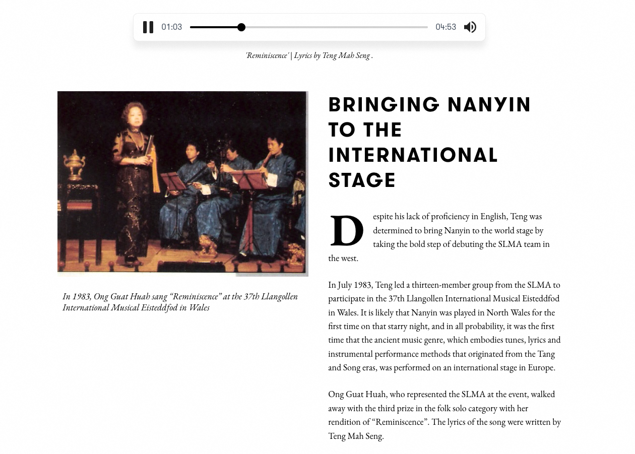 The webpage tells the story of how Teng Mah Seng brought Nanyin to Wales A screen capture of a webpage with a vintage photograph, music recording and text. The Enduring Legacy of Nanyin Music: Remembering Teng Mah Seng